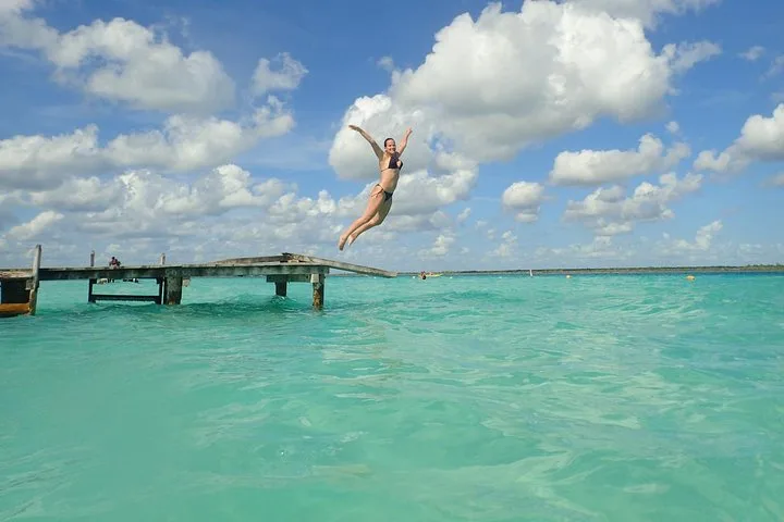 Chacchoben Mayan temple pyramid and Bacalar Lagoon of Seven Colors from Costa Maya